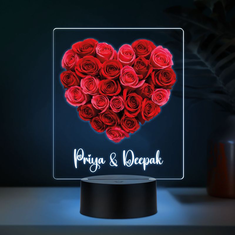 Personalized Name LED Night Light, Rose Heart Design Color Changing Light with Black Base Gift for Valentines Day & Rose Day Gift for Couples